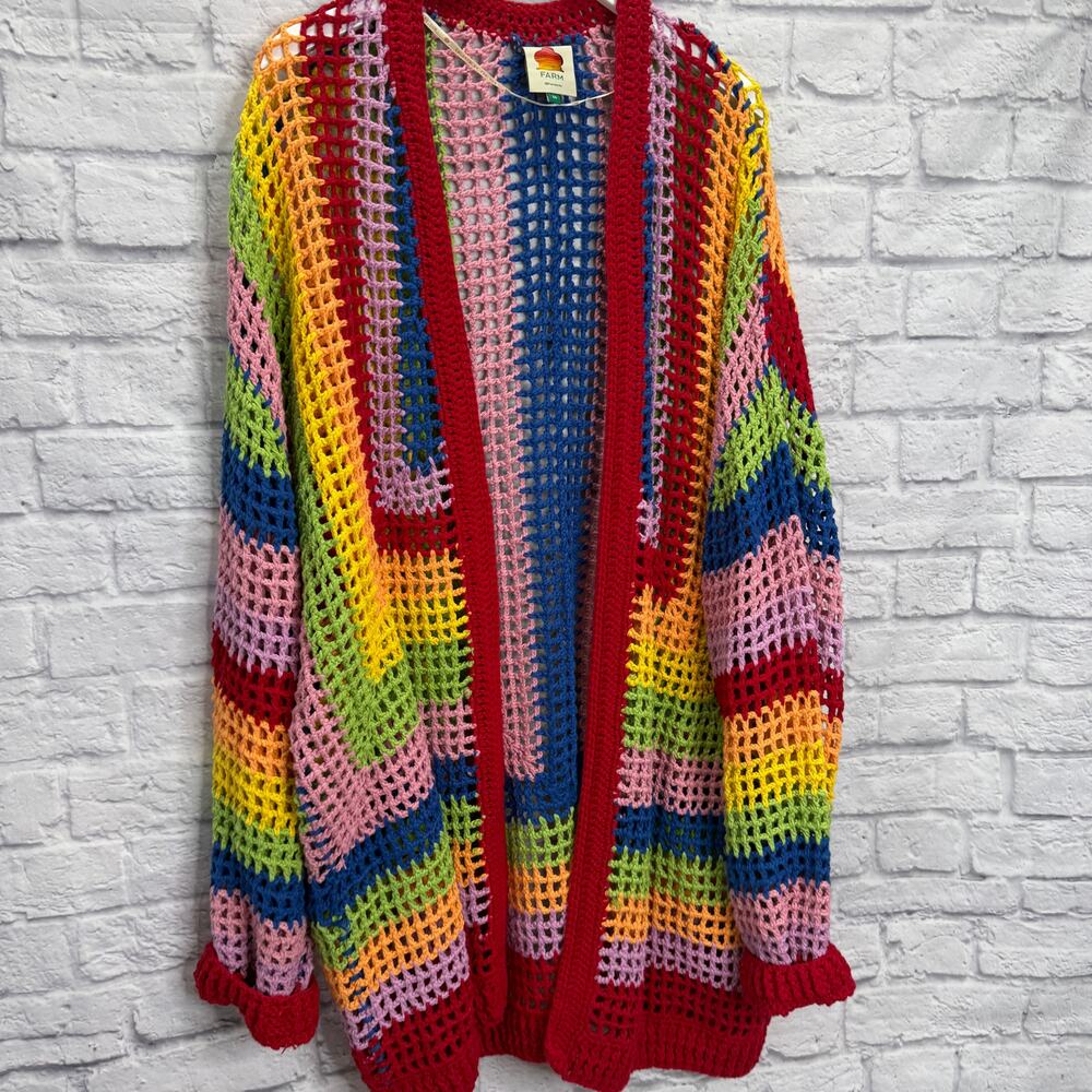 FARM Rio Rainbow Crochet Cardigan Size M Loose Knit Oversized - Picture 4 of 8